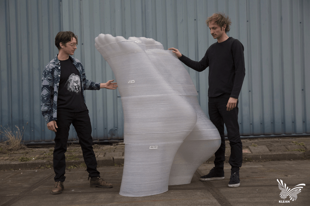 3D-printed feet of the Plastic Madonna, the art piece from plastic waste