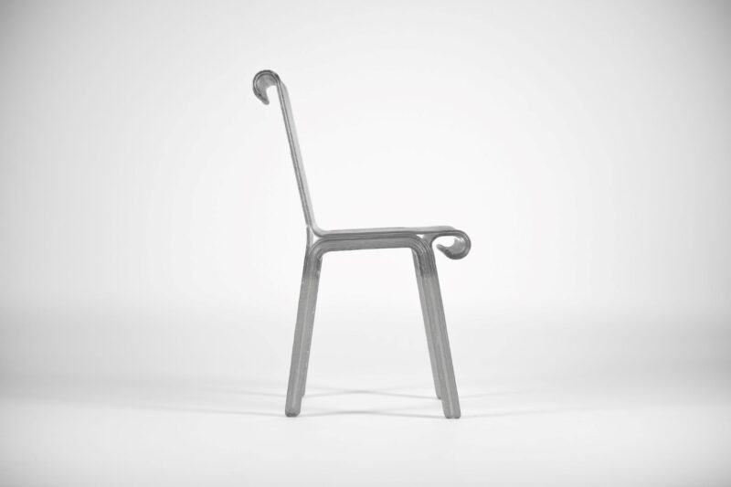 Sustainable chair Finally One recycled plastic packaging transparent
