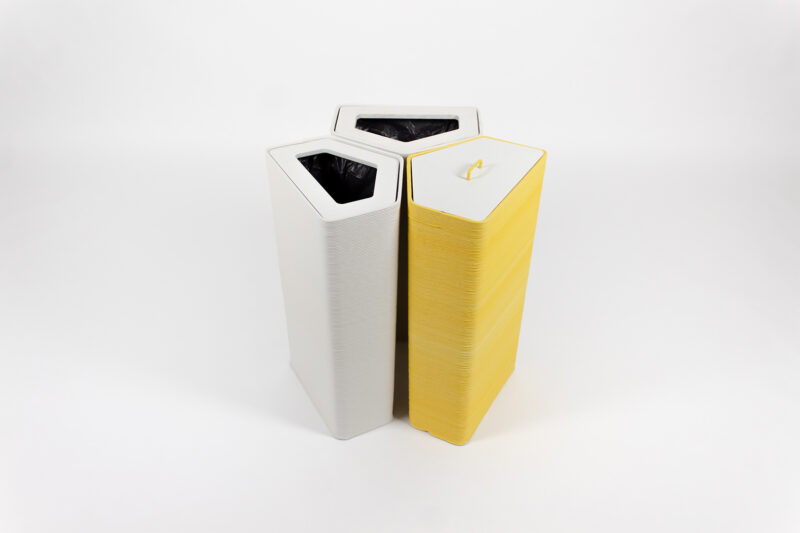 3D-geprint duurzaam afvalsysteem prullenbak gerecycled plastic wit en geel 60L